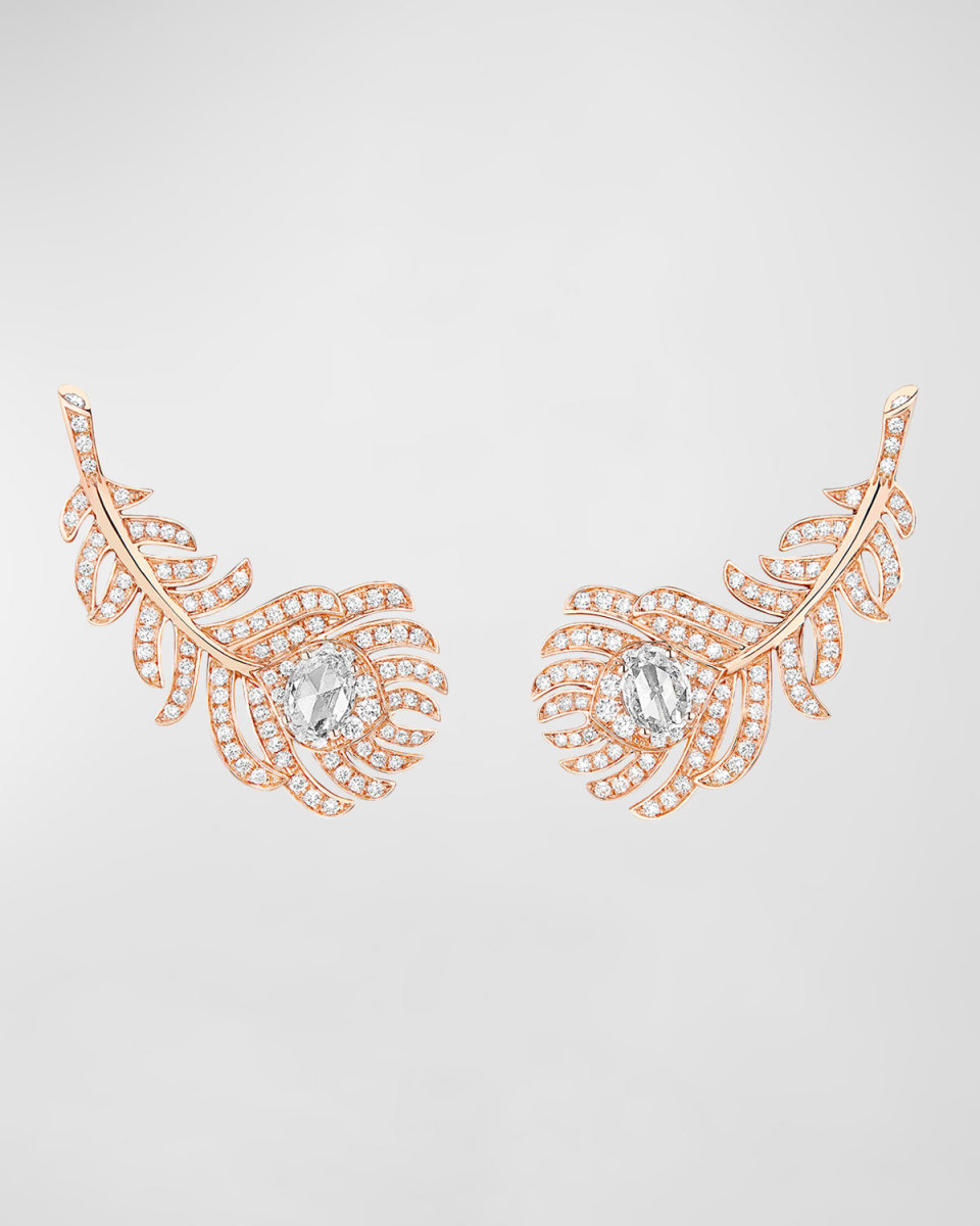 Plume de Paon 18K Rose Gold Diamond Feather Earrings